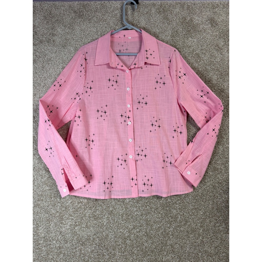 Pink Cotton Starburst Celestial Print Button Down Shirt Long Sleeve XXL